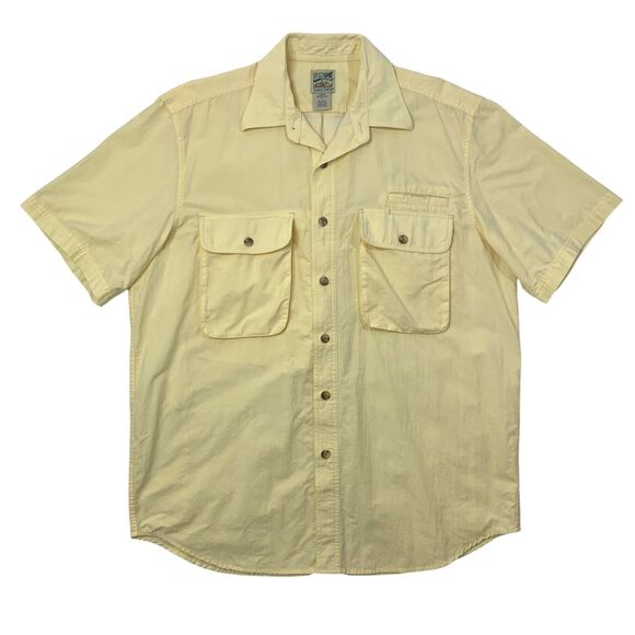 Travelsmith Shirt Mens Large Pastel Yellow Short Sleeve Vented Cotton Blend Fish - Picture 1 of 13